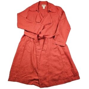 Cynthia Rowley 100% Linen Trench Coat Womens Small Coral Belted Open Front Light